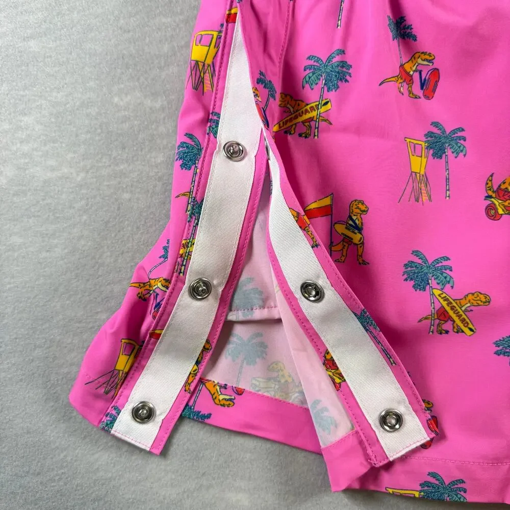 NWT Chubbies The Dino Racers pink tear-away trunks - swim suit funny  bold sz M